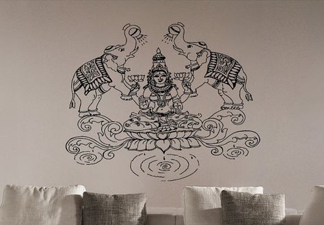 Lakshmi Hindu goddess of wealth love prosperity by WorldofDecals Ganesha Wall Hanging, Ganesha Elephant, Modern Metal Wall Art, Prayer Corner, Ganesh Idol, Large Metal Wall Art, Hotel Bedroom, Accent Wall Decor, Diwali Gifts