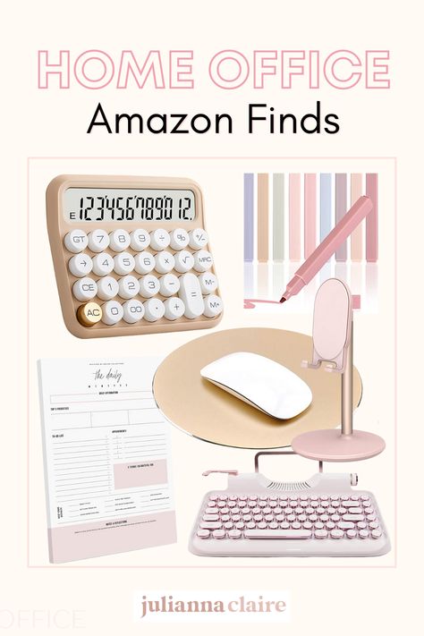 Stocking up on office supplies? These gorgeous office gadgets and supplies will add style and functionality to your work space! Click to shop pretty (and affordable) calculators, keyboards, planners and stationary from Amazon! Home Office Supplies, Amazon Home Office, Business Office Decor, Office Gadgets, Beautiful Office, Office Essentials, Office Set, Office Setup, Home Office Setup