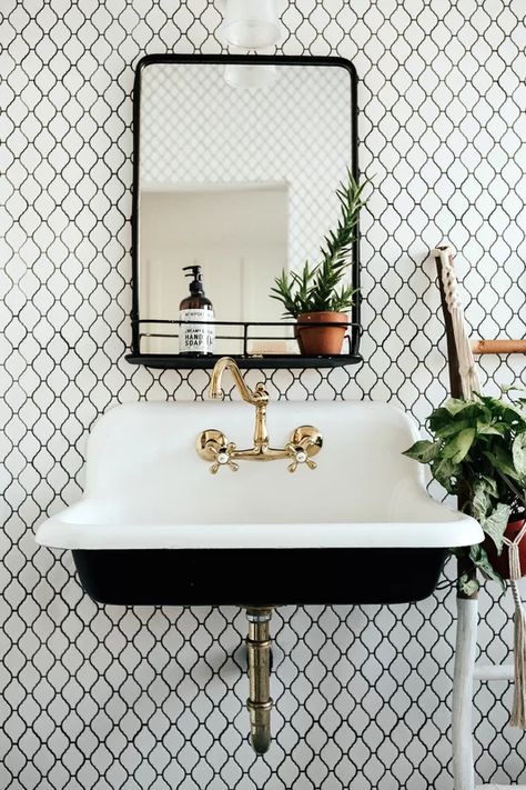 Vintage Bathroom Sinks, Wall Mount Kitchen Faucet, Modern Farmhouse Bathroom, Downstairs Bathroom, Basement Bathroom, Small Bathroom Ideas, Upstairs Bathrooms, Vintage Bathroom, Kingston Brass