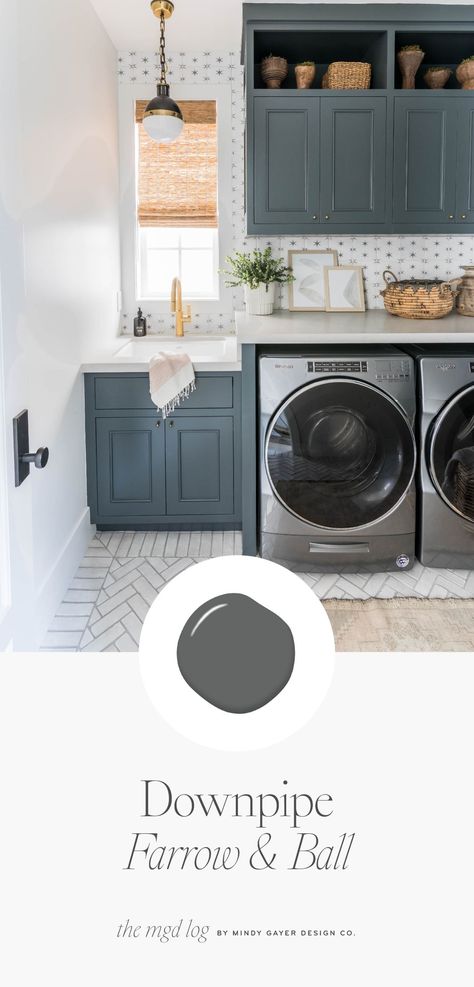 Teal Cabinets Laundry Room, Two Tone Laundry Room Cabinets, Painted Laundry Cabinets, Laundry Room Cabinet Paint Colors, Painting Laundry Room Cabinets, Two Tone Laundry Room, Dusty Blue Laundry Room, Fun Laundry Room Ideas Paint Wall Colors, Laundry Room Painted Cabinets