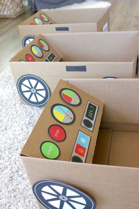 Kids Drive in Party Ideas Cardboard Box Car, Movie Crafts, Box Cars, Cardboard Car, Cardboard Box Crafts, Drive In Movie, Diy Cardboard, Cars Birthday, Cardboard Crafts