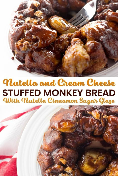 This sinful monkey bread recipe is made with store bought dough, and stuffed with Nutella and cream cheese, AND doused with a Nutella cinnamon sugar glaze! This is the perfect dessert recipe to whip when you're stuck at home on a rainy day. Get your napkins ready we are going to get messy! #nutella #monkeybread #easydesserts #dessertrecipes Nutella And Cream Cheese, Stuffed Monkey Bread, Cream Cheese Monkey Bread, Store Bought Dough, Nutella Cream Cheese, Hot Fudge Cake, Stuffed Monkey, Monkey Bread Recipe, Hot Chocolate Fudge