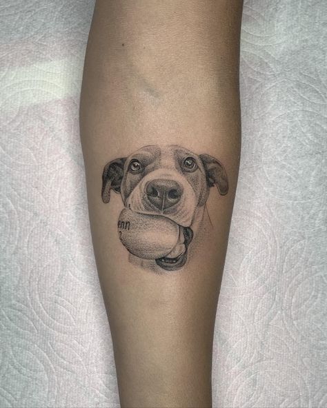 Dog Tattoo Ideas Watercolors, Puppy Portrait Tattoo, Dog Handler Tattoo, Dog And Ball Tattoo, Owner And Dog Tattoo, Dog With Ball Tattoo, Dog Tattoo Thigh, Dog Idea Tattoos, Dog Ball Tattoo