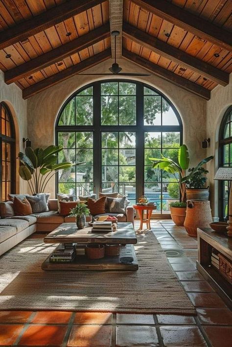 Terracotta Tiles Living Room, Terracotta Vibes, Hacienda Living Room, Arizona Vibes, Parisian Apartment Style, Spanish Style Living Room, Mediterranean Style Living Room, Sunny Living Room, Luxury Living Room Ideas