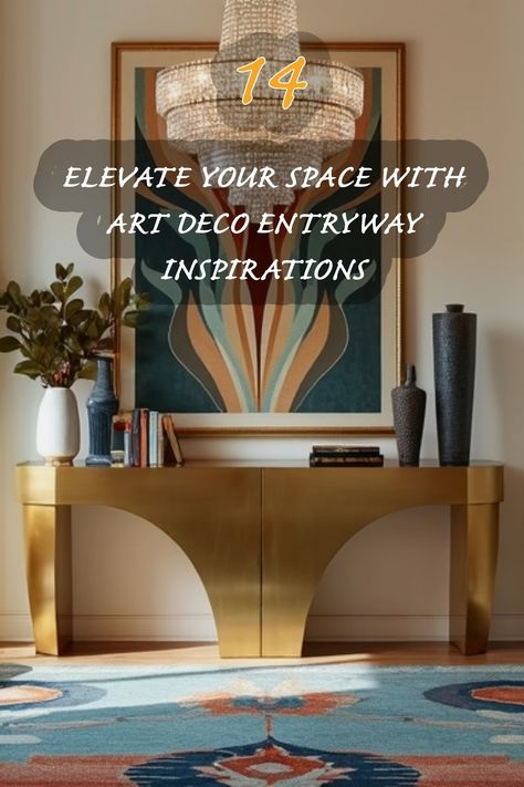 I adore how this Art Deco entryway combines striking geometric patterns with luxurious textures. The bold colors of the rug complement the golden console table, creating a stunning focal point. The vibrant artwork adds a touch of sophistication, making it the perfect introduction to any home. Discover how you can infuse this timeless style into your own space! Art Deco Entryway, Entryway Design Ideas, Large Format Art, Minimalist Art Deco, Deco Wall Art, Entryway Design, Art Deco Wall Art, Statement Mirror, Minimalist Living Room Design