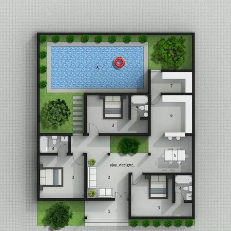 Small House With Swimming Pool, Villa Plan Design, Small Villa Design, Small Villa, Modern House Floor Plans, Indian House Plans, Modern Small House Design, House Floor Design, Building House Plans Designs