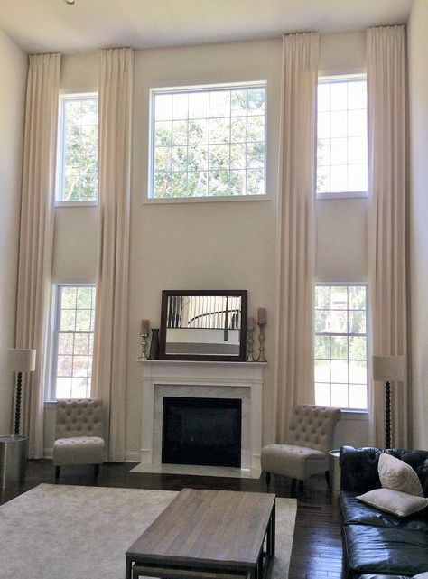 Two Story Drapery! Tall Windows Living Room, High Ceiling Curtains, Tall Window Treatments, Long Curtains Living Room, Tall Ceiling Living Room, Family Room Curtains, Floor To Ceiling Curtains, High Ceiling Living Room, Custom Window Coverings