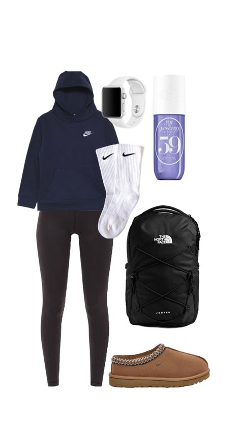 Leggings - lululemon, Hoodie - Nike, Socks - Nike, Backpack - north face, Shoes - Ugg Tasmin, perfume - sol de janerio, watch - apple Nike Socks And Leggings Outfits, Leggings And Nike Socks Outfit, Socks And Leggings Outfits, Socks Over Leggings Outfit, Nike Socks Outfit, Socks Over Leggings, Nike Backpack, Lululemon Hoodie, North Face Shoes