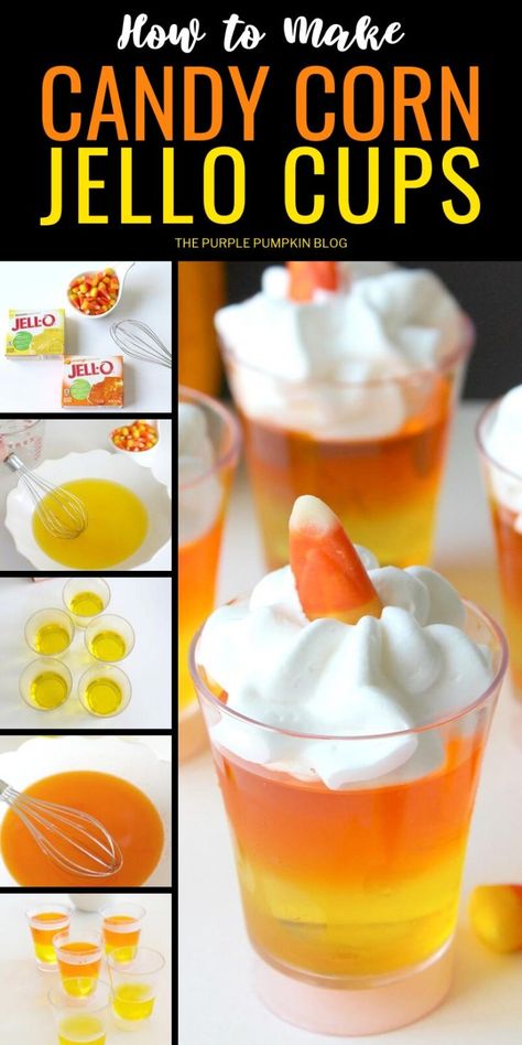 These Candy Corn Jello Cups are a fun Halloween dessert and so easy to make! Using the color of candy corn as inspiration, jello is layered into shot glasses and topped off with whipped cream and a piece of candy. Make a tray full of these candy corn desserts for your Halloween party! #candycornjellocups #thepurplepumpkinblog #candycorn #halloweendesserts #jellodesserts Candy Corn Jello Cups, Candy Corn Fruit Cups, Mini Jello Cups, Candy Corn Jello Shots Recipe, Jello Halloween Ideas For Kids, Jello Cups Ideas Parties, Halloween Jello For Kids, Easy Halloween Party Dessert, Candy Corn Ideas