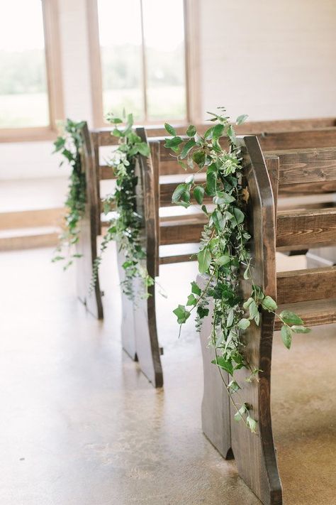 Greenery #wedding ceremony aisle markers- greenery garland {Query Events} Church Wedding Decorations Aisle, Wedding Pew Decorations, Wedding Flowers Tulips, Wedding Church Decor, Pew Decorations, Wedding Pews, Bows Wedding, Church Wedding Flowers, Aisle Decorations