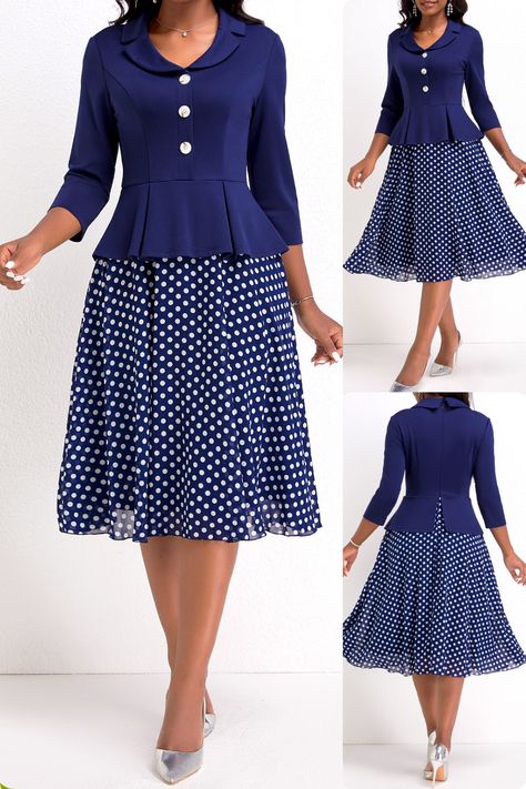 English Tops Styles, 2 Piece Dress Formal, Ankara Shift Dress, Corporate Gowns, Lapel Dress, Vintage Polka Dot Dress, Elegant Dresses Short, Modest Dresses Fashion, Corporate Dress