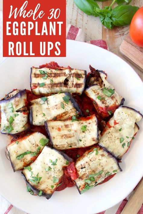 Italian seasoned ground turkey and mushrooms fill these delicious eggplant roll ups, baked in a flavorful tomato sauce. This recipe is gluten free, dairy free and Whole30 compliant! Whole 30 Eggplant, Paleo Eggplant Recipes, Turkey And Mushrooms, Eggplant Roll Ups, Seasoned Ground Turkey, Eggplant Rolls, Healthy Eggplant, Paleo Appetizers, Gluten Free Italian