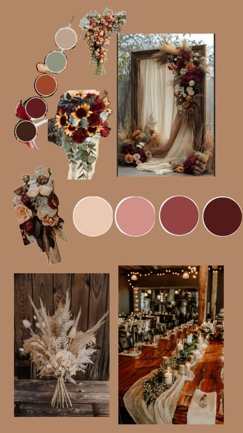 Warm main colors with pastel cool accents Brown Theme Wedding Color Schemes, Boho Wedding Theme Color Palettes, Boho Color Palette Wedding, Wedding Color Pallet Ideas Fall, Backyard Wedding Color Scheme, Fall 2025 Wedding Colors, Rustic Color Palette Wedding, Rustic Fall Wedding Color Schemes, Fall Wedding Color Pallets