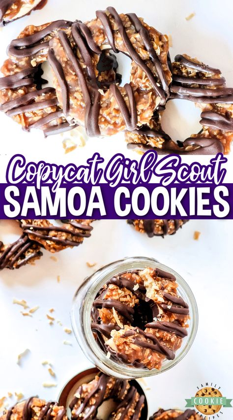 Copycat Samoa Cookies taste just like the Girl Scout cookie version! Delicious cookies made with chocolate, caramel and coconut. Samoa Cake, Samoa Cookies Recipe, Samoas Recipe, Girl Guide Cookies, Samoa Cookies, Coconut Caramel, Delicious Cookies, Chocolate Nuts, Girl Scout Cookies