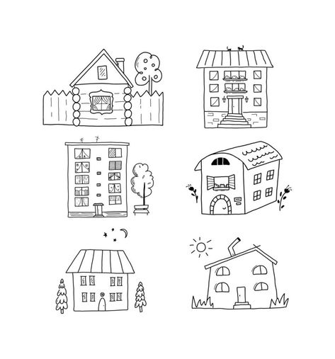 Simple houses doodle set. A collection of black and white urban and rural houses isolated on a white background in a hand-painted style House Doodles Simple, Houses Doodle, Doodle Houses, Rural Houses, House Doodle, Vector Frame, Rural House, Doodle Lettering, Miniature House