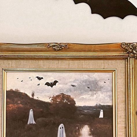 Ghost Goodwill Painting, Ghost Picture Trend Painting, Spooky Goodwill Painting, Antique Ghost Painting, Ghost Painting Trend Ideas, Paint Over Painting, Spooky Painting Trend, Thrift Store Ghost Painting Trend, Goodwill Ghost Painting