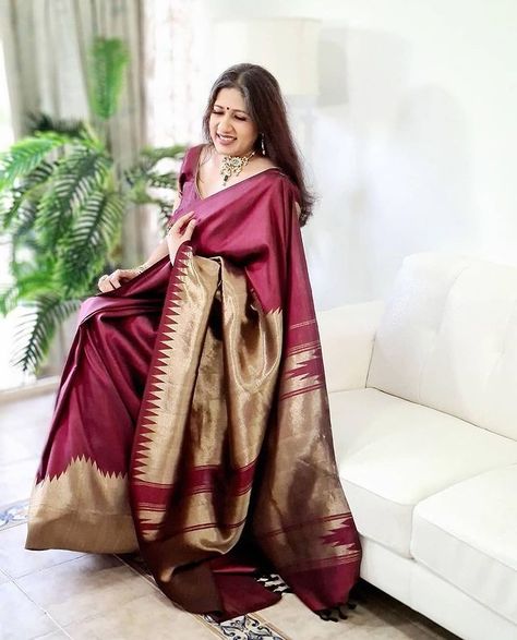 Neha looks beautiful in this maroon Kanchipuram silk saree, the temple border lends a traditional touch to the timeless silhouette. Thank you for sharing this lovely picture with us! #nalli #nallisilks #nallisaree #customerdiaries #nallidiaries #repost #indianwear #saree #sarees #sareelovers Kanjivaram Sarees Silk Temple Border, Temple Border Blouse Design, Maroon Silk Saree Kanchipuram, Temple Border Silk Saree, Maroon Colour Saree, Maroon Kanjivaram Silk Saree, Maroon Silk Saree, Nalli Sarees, Temple Border Saree