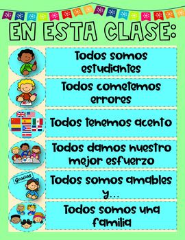 Establish a friendly welcoming environment for all students in you Spanish, bilingual or dual lingual classroom with this poster or bulletin board visual. This is an 8.5 x 11 inch poster that comes with the English version as well. The poster reads:En Esta Clase: Todos Somos Estudiantes: I constant... Spanish Displays Classroom, Spanish Class Anchor Charts, Spanish Class Decor, Spanish Classroom Bulletin Boards, Bilingual Bulletin Boards Dual Language, Spanish Class Posters, Spanish Classroom Posters, Spanish Teacher Classroom, Bilingual Classroom Decor