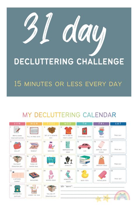 Decluttering challenge: 31 days, 15 minutes or less every day. Download the printable calendar to follow along for a decluttered home. January Declutter, Declutter Calendar, Decluttered Home, Challenge Calendar, Calendar Free Printable, Decluttering Challenge, Decluttering Checklist, Organizing Closet, Getting Organized At Home