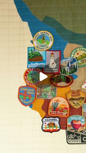 The Sorry Girls on Instagram: "when the box of travel patches collecting dust in your closet becomes an amazing piece of wall art 😬🗺️✨   #patches #travel #quilt #tapestry #diy #homedecor #interiordesign" The Sorry Girls, Patches Display, Olympic National Park Washington, Joshua Tree California, Travel Patches, Patch Quilt, Joshua Tree, Travel Memories, Embroidered Patches