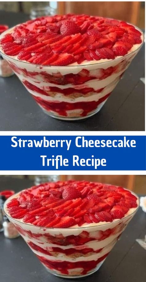 This stunning Strawberry Cheesecake Trifle is a make ahead dessert that’s always a crowd pleaser.For a dessert that sounds as great as it tastes, this one can’t be beat! Layers of cupcakes rich in delicious cream and sweet strawberries make this treat very appealing. How do you make Strawberry Cheesecake Trifle? To assemble this layered Vanilla Cheesecake Mousse, Strawberry Cheesecake Trifle Recipe, Strawberry Cheesecake Trifle, Strawberry Cheesecake Recipe, Cheesecake Trifle, Cube Cake, Strawberry Pie Filling, Cheesecake Mousse, Trifle Bowl