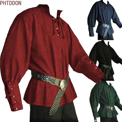 1.3US $ 92% OFF|Mens Medieval Shirts Poet's Renaissance Costume Pirate Captain Lace Up Ruffle Tops Sand Collar Shirt| | - AliExpress Medieval Clothing Men, Medieval Shirt, Moda Steampunk, Viking Cosplay, Pirate Cosplay, Stand Collar Shirt, Fest Outfits, Costume Noir, Pirate Shirts