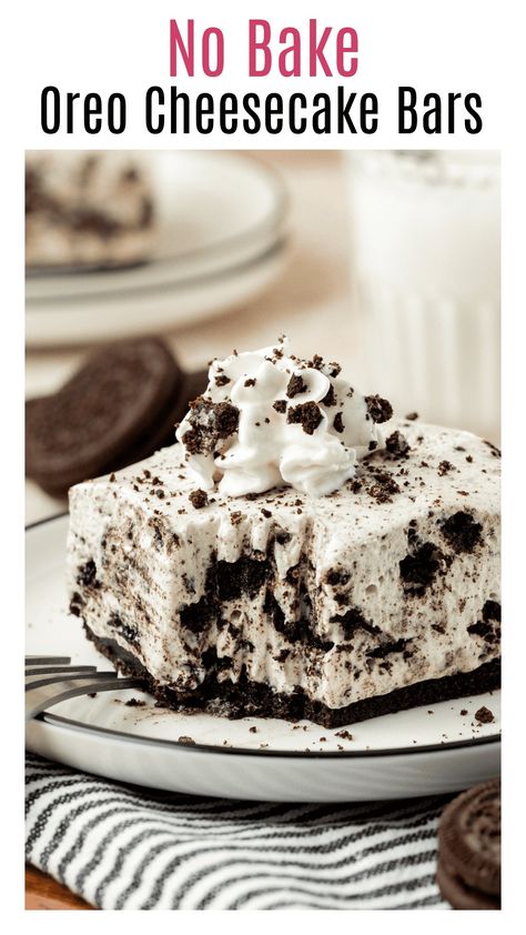 These easy no bake oreo cheesecake bars are the perfect summer treat! Made with an Oreo cookie crust, easy no bake cheesecake filling, and more Oreo cookies stirred in. No need to turn the oven for these bars! Oreo Cheesecake Bars No Bake, No Bake Cheesecake 9x13 Pan, Oreo No Bake Cheesecake Cups, No Bake Oreo Cheesecake Recipe, Oreo No Bake Cheesecake, Oreo Cheesecake No Bake, No Bake Cheesecake Desserts, No Bake Cheesecake Bars, Baked Oreo Cheesecake Recipe