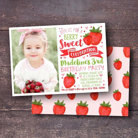 Berry 1st Birthday, First Birthday Favors, 1st Birthday Photo, Strawberry Decorations, Strawberry Party, Photo Birthday Invitations, Birthday Thank You Cards, 1st Birthday Photos, Photo Thank You Cards