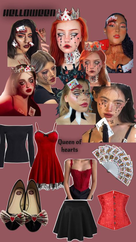 Queen of Hearts ♠️♥️♣️♦️ Queen Of Hearts Outfit Ideas Casual, Scary Queen Of Hearts Costume, Alice And Queen Of Hearts Costume, Halloween Queen Of Hearts, King Of Hearts Costume, Queen Of Hearts Crown, Queen Of Hearts Halloween Costume, Queen Of Hearts Halloween, Queen Of Hearts Makeup