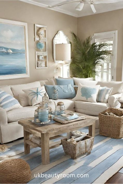 Apartment Beach Decor, Marine Living Room, Rustic Beach House Decor, Costal Bedroom, Beach House Colors, Coastal Cottage Decorating, Beach Theme Living Room, Deco Marine, Beach House Living Room