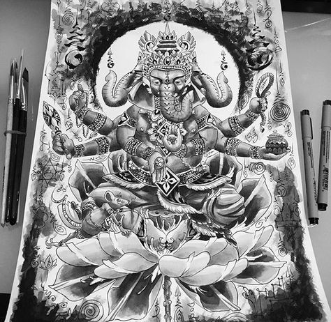 Tattoo Buddhist, Tattoos Lotus, Tattoos Polynesian, Hindu Tattoos, Ganesh Tattoo, Tattoos Hand, Body Tattoo Design, Tattoos Black, Polynesian Tattoos