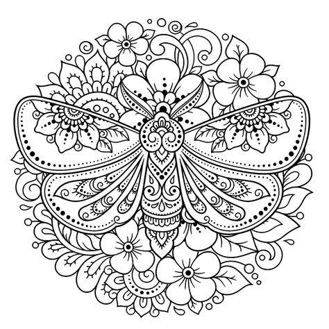 Flower mandala with moth - JustColor.net : Free printable coloring pages for adults and kids Floral Com Mandala, Moth Mandala, Ancient Greece Mythology, Sun And Moon Mandala, Mandalas Coloring Pages, Egypt Hieroglyphics, Colouring Sheets For Adults, Pop Art Tattoos, Tattoo Floral