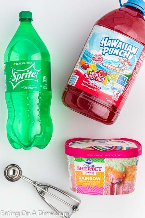 Rainbow Sherbet Punch - 3 ingredients Fruit Punch With Sherbert, Hawaiian Punch Party Punch With Sherbert, Hawaiian Punch And Sprite Recipe, Sprite Sherbert Punch, Sorbet Punch Recipes Non Alcoholic, Sherbet Drink Recipes, Easy Sherbet Punch Recipes, Wedding Punch Recipes With Sherbert, Party Punch Non Alcoholic With Sherbert