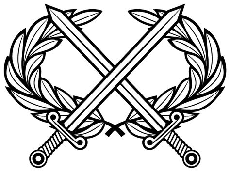 Vector Heraldic Cross Swords with Laurel Wreath Small Chest Tattoos, Army Tattoos, Cool Symbols, Crossed Swords, Illustrator Design Tutorial, Procreate Ipad Art, Military Artwork, Military Coat, Laurel Wreath