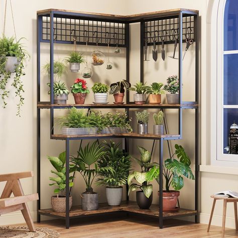 Elevate your plant display with our tall 67" Indoor Corner Plant Stand, offering a spacious design with wide shelves for ample plant pot storage. Indoor Corner Plant Stand, Corner Plant Stand, Ladder Design, Pot Organization, Garden Plant Stand, Corner Plant, Support Pour Plante, Pot Storage, Garden Plant Pots