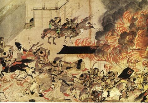 History of the Heiji Insurrection: detail, buring of Sanjo Palace, Japan, mid-13th C. Museum of Fine Arts, Boston. The Heiji scrolls date from the thirteenth century and represent a masterpiece of "Yamato" style painting. They can be documented as being treasured artifacts in the fifteenth century, when nobles mention viewing them, but they now only survive in fragmentary form. provides a rare and valuable depiction of Japanese armor as it was worn during the early Kamakura era (1185-1333). Kamakura Era, Roof Painting, Kamakura Period, Period Art, Heian Period, Samurai Art, Kamakura, Japanese Prints, Museum Of Fine Arts