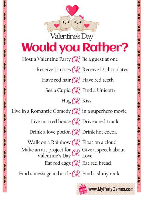 Valentines Would You Rather, Would You Rather Valentines Day For Kids, Valentine Songs, Would You Rather Game, Printable Games For Kids, Would You Rather Questions, Valentines Games, Social Skills Groups, Valentine's Day Games