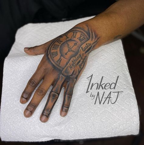 Hand Tats Men Black, Nothing Lasts Forever Tattoo Hand, Clock Hand Tattoo Stencil, Cloud Hand Tattoo, Hand And Arm Tattoos For Guys, Hand Tattoos For Black Guys, Hand Tattoos Black Man, Time Hand Tattoo, Hand Tattoo Ideas For Men Unique