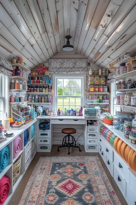 Garage Craft Room Conversion, Sewing Art Room, Organization Ideas For Craft Supplies, She Sheds Ideas Interior, Art Room Ideas Home, She Shed Ideas Interior Craft Rooms, She Room Ideas, She Shed Ideas Interior Small Spaces, Craft Shed Interior Ideas