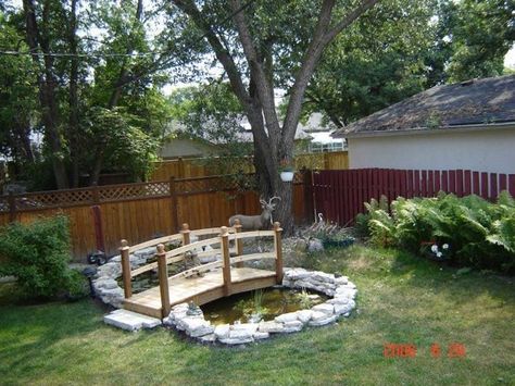 Yard Pond, Ponds Ideas, Backyard Bridges, Small Backyard Ponds, Pond Bridge, Landscape Waterfall, Retention Pond, Affordable Backyard Ideas, Backyard Ponds