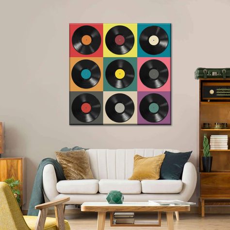 Vinyl Records Canvas Wall Art | ElephantStock Vinyl Records Crafts Diy, Vynal Record Wall Decor, Record Wall Art Bedroom, Record Painting Ideas Aesthetic, Vinyl Records Crafts, Records Wall Art, Vinyl Record Wall Decor, Vinyl Records Decor, Record Wall Decor