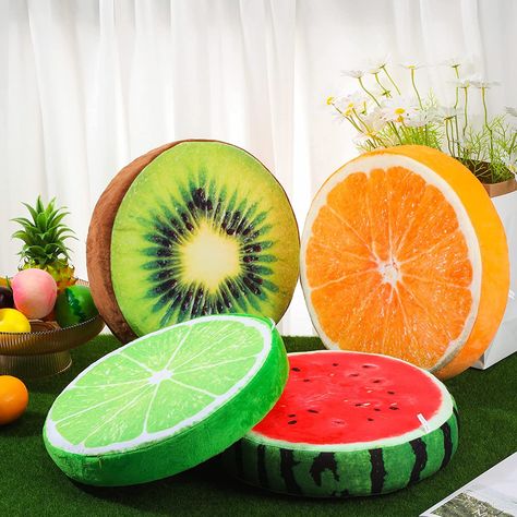 4 Pcs 15.7 Inch Round Fruit Pillows Stuffed Throw Pillows 3D Watermelon Kiwi Lemon Orange Buah Naga, Fruit Shape, Kids Couch, Funny Fruit, Floor Sofa, Round Throw Pillows, Bantal Sofa, Head Pillow, Foam Pillow