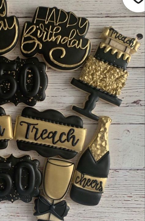 Black And Gold Birthday Cookies, Black And Gold Cookies, Champagne Cookies, Gatsby Birthday Party, Gold Cookies, Birthday Man, 50th Birthday Party Decorations, Cookies Decoradas, Cookies Birthday