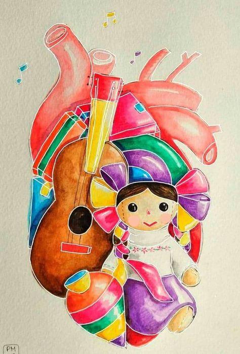 Mi arte en digital Mexicana Aesthetic, Cloud Tattoo Design, Heart Art Projects, Aztec Symbols, Mexican Doll, Mexican Culture Art, Watercolor Birthday Cards, Chicano Art, Drawing Projects