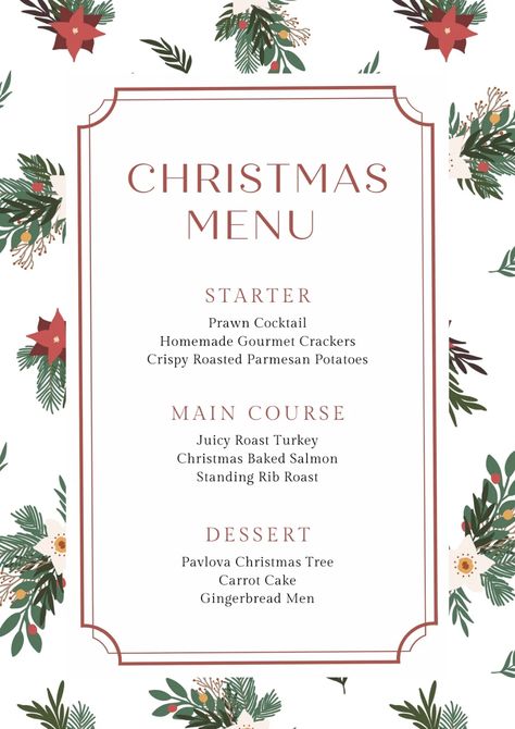 Use this customizable White Green Red Festive Floral Christmas Menu template and find more professional designs from Canva. Christmas Turkey Dinner Menu Ideas, Holiday Menus Christmas, Christmas Menu Design Templates, Christmas Dinner Menu Card, Holiday Menu Design, Christmas Eve Menu Ideas, Christmas Menu Ideas, Christmas Dinner Menu Ideas, Christmas Lunch Menu