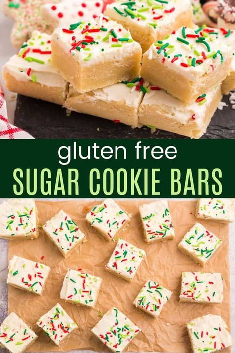 Gluten Free Sugar Cookie Bars - are so easy to make and extra fun and delicious with frosting and sprinkles. This recipe is made simply with a 1-to-1 gluten free flour blend, and you can use store-bought or homemade frosting, plus all of your favorite decorations. Get the kids in the kitchen to make a batch to share with friends, family, and Santa this Christmas! Gluten Free Christmas Cookie Bars, Gluten Free Sugar Cookie Bars, Gluten Free Cookie Bars, Sugar Cookie Bar Recipe, Frosted Sugar Cookies, Cookie Bars Easy, Homemade Buttercream, Gluten Free Christmas Cookies, Gluten Free Sugar Cookies