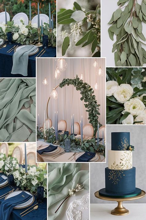 Navy and sage wedding color theme with greenery and table decor. Dark Green Navy Wedding, Navy Blue Green Gold Wedding, Greenery And Blue Wedding, Navy And Turquoise Wedding, Emerald Green Blue Wedding, Greens And Blues Palette Wedding, Royal Blue And Sage Green Wedding, Safe Green And Blue Wedding, Green And Blue Winter Wedding