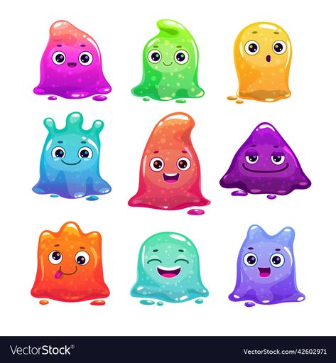 Slime Character Design, Slime Illustration, Slime Games, Water Slime, Colorful Slime, Icon Game, Emoji Set, Glitter Slime, Monster Illustration