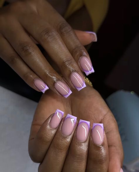 Pink Or Purple Nails, Nail Inspo Short Purple, Purple Nail Inspo Acrylic Short, Lilac Short Nails Design, Nails Acrylic Purple Lavender French Tip, Purple French Nails Short, Lilac Nails Acrylic Lavender Short, Lavender Nails Black Women, Cute Purple French Tip Nails