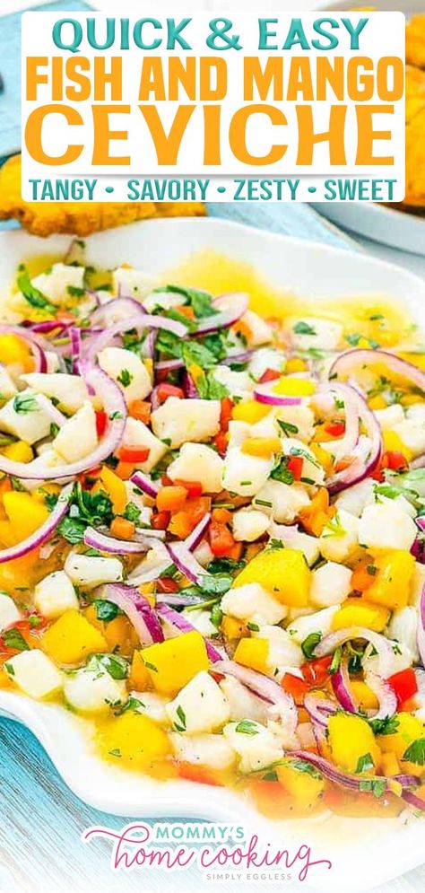 Easy Fish and Mango Ceviche is the most addictive yet healthy dish that was ever born! It’s tangy, savory, zesty, and sweet, perfect for summer gatherings. Ready in a flash. I have the perfect summer recipe today…Fish and Mango Ceviche!!! This Fish and Mango Ceviche recipe is light and bright so it won’t weigh you down in the hot summer days. Bonus: it requires no cooking (in heat at least), so you don’t have to worry about turning on your stove or oven. | @mommyhomecookin #bestcincodemayorecipe White Fish Ceviche Recipe, Civeche Recipe, Seviche Recipes, Mango Ceviche Recipe, Ceviche Recipe Fish, Ceviche Fish, Mango Ceviche, Mango Fish, Tostada Recipes